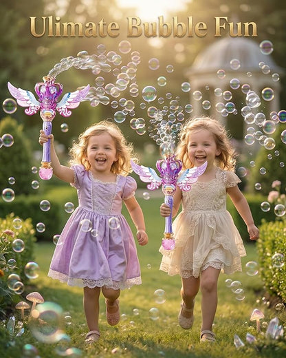 Uregoio Princess Bubble Wands Machine for Kids with Rotating Design, Outdoor Bubble Maker Toys for Kids Ages 4-8, Rechargeable Light & Music Fairy Wands, Party Birthday for 3+ Year Old Girls(Purple)