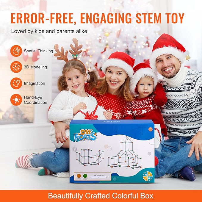 VEVOR Fort Building Kit for Kids, 180PCS STEM Building Toys, Educational Gift for 4 5 6 7 8+ Year Old Boys & Girls, Indoor Outdoor Play Tent Builder Set Construction Toys with 120 Rods and 60 Balls