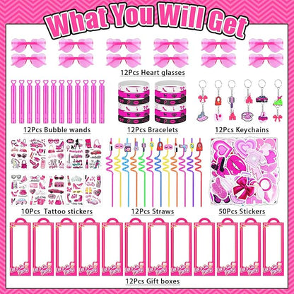 132Pcs Pink Girls Party Favors Pack, Goodie Box Stuffers Includ Heart Glasses Straws Bubble Wands Tattoo Sticker Bracelet Keychain Etc, for Kids Girls Birthday Party decoration Supplies