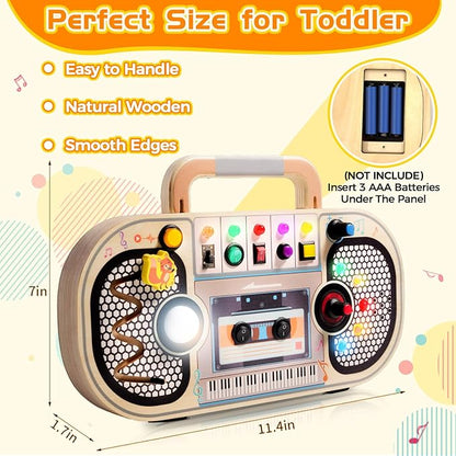 Busy Board Toys for 1 2 3 4 Year Old, Wooden Sensory Sensory Toy with Musical LED Lights Switches Motor Skills Developmental Early Educational Travel Baby 12-18 Month Toddler Birthday Gifts