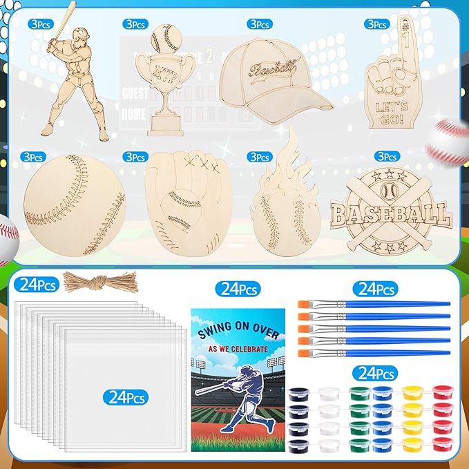 Saypacck 24 Pcs Baseball Party Favors Wooden Painting Craft Kits Birthday Party Supplies with Organza Bag for Goodie Bags Fillers Adult Thank You Gifts