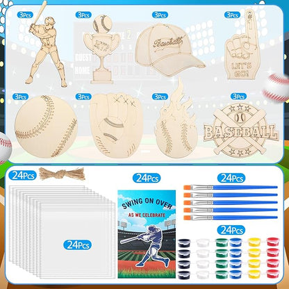 Saypacck 24 Pcs Baseball Party Favors Wooden Painting Craft Kits Birthday Party Supplies with Organza Bag for Goodie Bags Fillers Adult Thank You Gifts