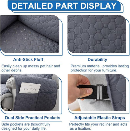 100% Waterproof Nonslip Recliner Covers for Large Recliner, Reclining Chair Covers with 5 Pockets, Elastic Straps, Washable Recliner Protector for Kids, Pets, Dogs, Light Gray
