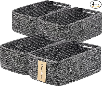 MiniArk Small Storage Baskets for Organizing | Closet Organizer Bins | Shelf Toy Basket | Woven Rope Baskets | Cube Decorative Box | Shallow Basket | 13x8.5x5.1” | 4 Packs Dark Gray