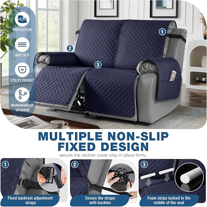 TAOCOCO Loveseat Recliner Cover Non-Slip Sofa Slipcover, Pet Cover for Loveseat Recliner with Elastic Straps, Washable Reclining Loveseat Cover Recliner Furniture Protector (2 Seater, Dark Blue)