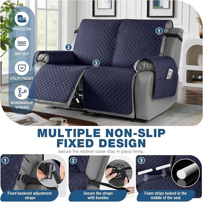 TAOCOCO Loveseat Recliner Cover Non-Slip Sofa Slipcover, Pet Cover for Loveseat Recliner with Elastic Straps, Washable Reclining Loveseat Cover Recliner Furniture Protector (2 Seater, Dark Blue)