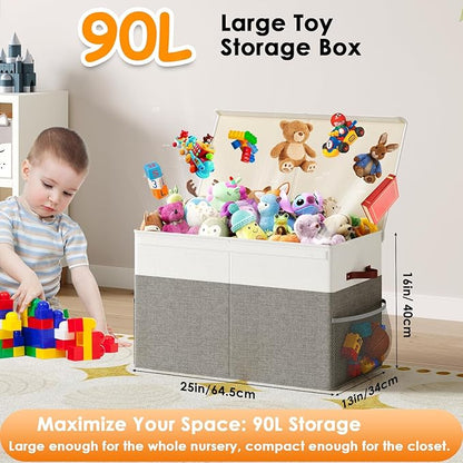 Large Toy Storage Box with Lid Upgraded Toy Storage Chest Organizer with Divider Foldable Toy Bin for Kids Boys Girls Playroom Nursery Bedroom (25"x13"x16")