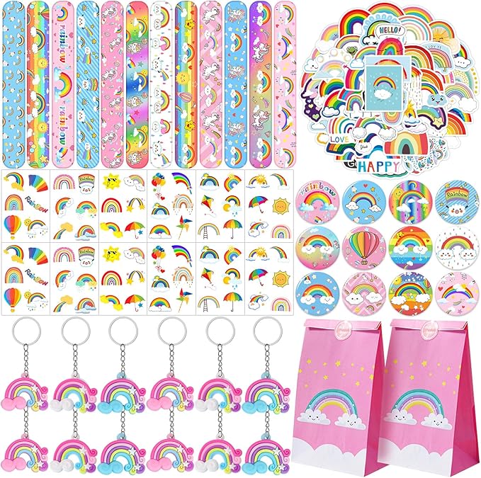Rainbow Party Favors 110 PCS Slap Bracelets, Button Pins, Stickers, Temporary Tattoos, Key Chains and Gift Bags Girl Boy Kids Baby Shower Rainbow Unicorn Cloud Birthday Party Supplies Decorations