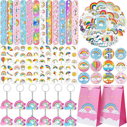 Rainbow Party Favors 110 PCS Slap Bracelets, Button Pins, Stickers, Temporary Tattoos, Key Chains and Gift Bags Girl Boy Kids Baby Shower Rainbow Unicorn Cloud Birthday Party Supplies Decorations
