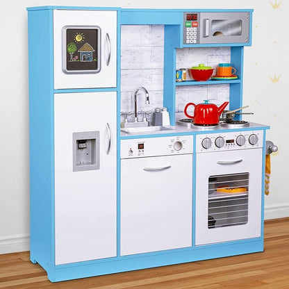Lil' Jumbl Kids Kitchen Set, Pretend Wooden Play Kitchen, Battery Operated Icemaker & Microwave with Realistic Sound, Pots & Pan Included - Blue