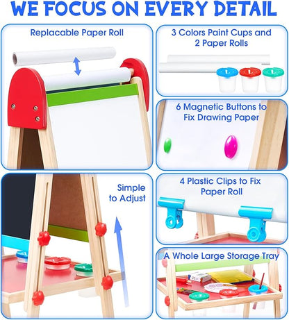 Art Easel for Kids, 3 in 1 Adjustable Double Sided Kids Easel with Magnetic Whiteboard, Chalkboard, 2 Paper Rolls and Accessories, All in One Wooden Toddler Easel, Art Easel for Kids Ages 2-4 4-8 8-12