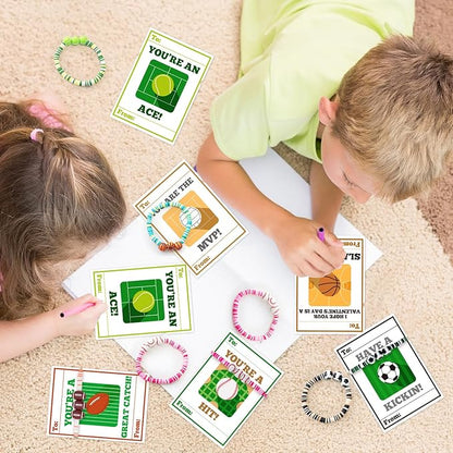 MOVINPE Valentines Day Exchange Gifts for Kids Classroom, 24 Pack Sports Charm Friendship Bracelets with Valentines Day Cards, Classroom Prizes, Valentine’s Day Cards for Kids School Bulk