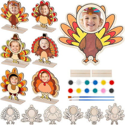Jetec 12 Sets Thanksgiving Turkey Craft for Kids Color Your Own Thanksgiving Wooden Picture Frame Craft DIY Thanksgiving Turkey Wood Decorations Craft for Classroom Home Activities Party Favor Gifts