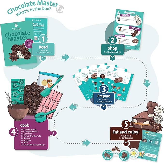 Tovla Jr. Ultimate Real Chocolate- Making Kit for Kids – Fun DIY Candy & Dessert Kit, STEM Activity for Ages 4+, Visual Learning Baking and Cooking Molds & Tools Set, Great Gift for Young Chefs