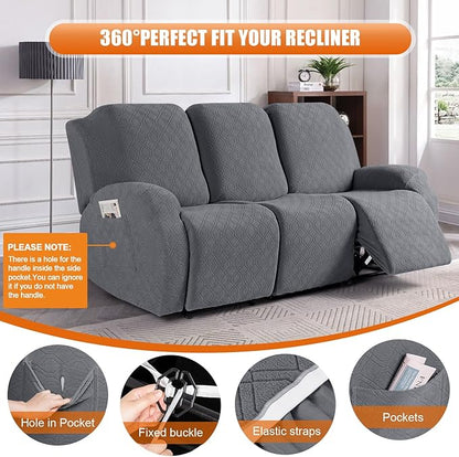 VANSOFY Recliner Cover, 3-Pieces Stretch Reclining Couch Covers with Pockets Reclining Sofa Slipcovers 3 Seater Soft Washable Furniture Protector for Dogs Cats(Dark Gray)
