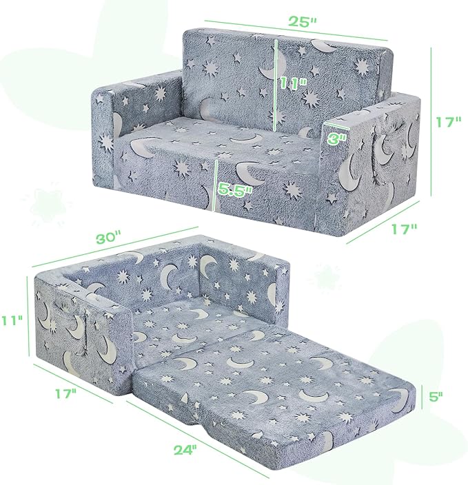 Toddler Couch, Toddler Chair Folding, Kids Couch 2 in 1, Kids Sofa for Playroom-Extra Soft 2 Seats, Glow in The Dark Open Couch, Gifts for Kids, Sleeper for Girls Boys, Grey Green