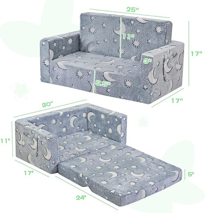 Toddler Couch, Toddler Chair Folding, Kids Couch 2 in 1, Kids Sofa for Playroom-Extra Soft 2 Seats, Glow in The Dark Open Couch, Gifts for Kids, Sleeper for Girls Boys, Grey Green
