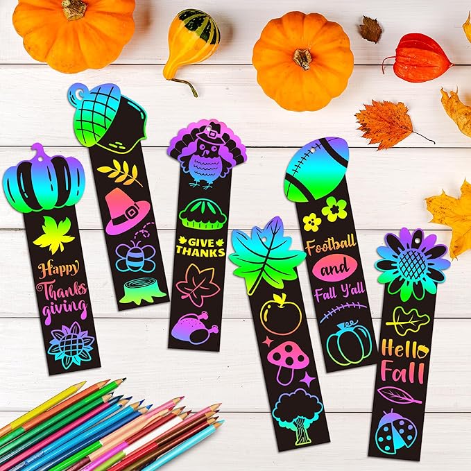 BeYumi 60Pcs Fall Harvest Scratch Bookmarks for Kids DIY Hello Fall Autumn Leaves Pumpkin Turkey Magic Art Rainbow Color Paper Craft Kit School Classroom Activity Art Project Thanksgiving Party Favors