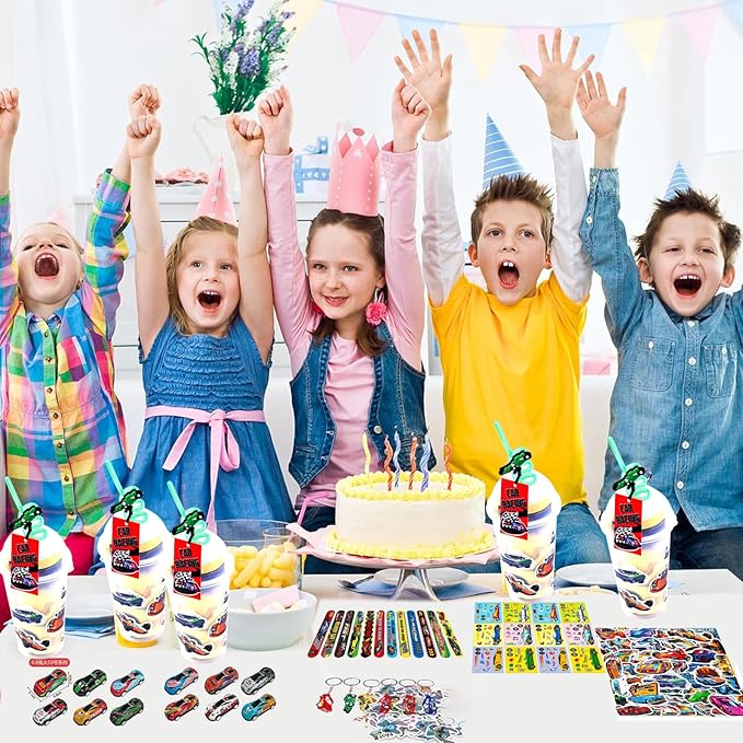 128 Pcs Race Car Party Favors, Race Car Birthday Party Decoration, Christmas Race Car Party Decoration, Including Cup Straw Buckle Bracelet Mini Car Stickers Keychain For New Year Gifts Party Supplies