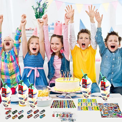 128 Pcs Race Car Party Favors, Race Car Birthday Party Decoration, Christmas Race Car Party Decoration, Including Cup Straw Buckle Bracelet Mini Car Stickers Keychain For New Year Gifts Party Supplies