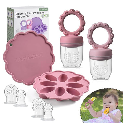 Baby Fruit Food Feeder & Mini Popsicle Ice Tray Set, BPA Free Silicone Baby Feeder for Safe Solid Food Feeding, Breastmilk Popsicle Molds for Cooling Relief, 4 Month+ (Lilac)