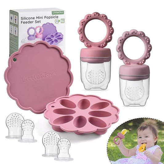 Baby Fruit Food Feeder & Mini Popsicle Ice Tray Set, BPA Free Silicone Baby Feeder for Safe Solid Food Feeding, Breastmilk Popsicle Molds for Cooling Relief, 4 Month+ (Lilac)