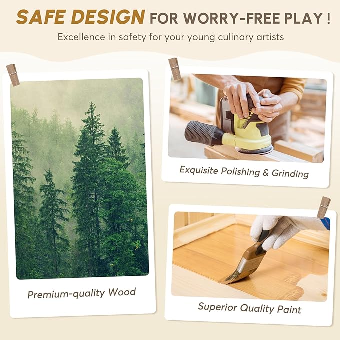 BIERUM Play Kitchen with Realistic Lights & Sounds, Wooden Kitchen Playset Chef Pretend Play Set for Toddlers, Toy Kitchen with 26 Pcs Toy Food & Cookware Accessories, Gift for Ages 3+