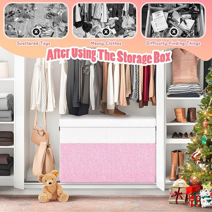 Large Toy Storage Box with Lid Divider, Sturdy Collapsible Toys Organizer Chest Kids Storage Bins Boxes Baskets for Boys, Girls, Nursery, Bedroom, Living Room, Playroom, 25"x13"x16", Pink and White