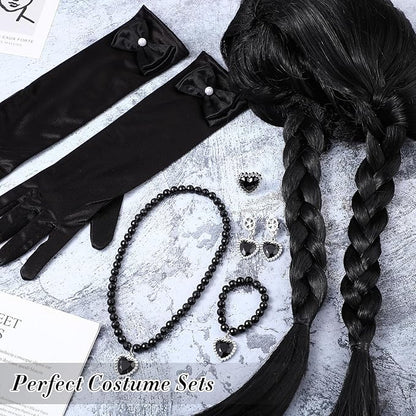 Black Wig Girls Costume, Halloween Costumes for Kids Girls, Black Outfit Costume Accessories Set for Kids(Classic)