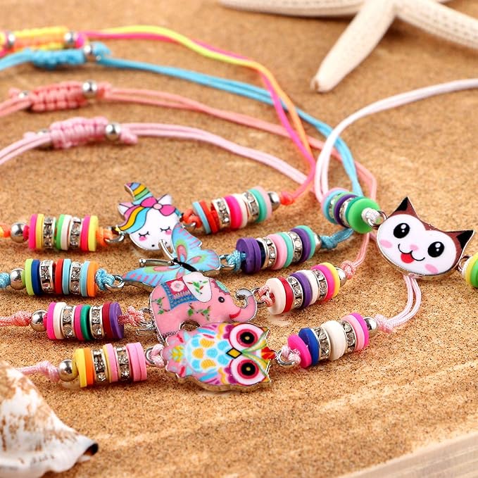 Lorfancy 12 Pcs Kids Girls Bracelets Jewelry Animal Pendant Unicorn Owl Cute Bracelet Multicolor Rhinestone Woven Friendship Bracelets for Party Favors Pretend Play Bracelets Kids