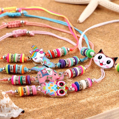 Lorfancy 12 Pcs Kids Girls Bracelets Jewelry Animal Pendant Unicorn Owl Cute Bracelet Multicolor Rhinestone Woven Friendship Bracelets for Party Favors Pretend Play Bracelets Kids