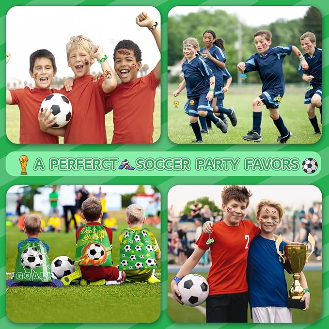 58Pcs Soccer Party Favors: Soccer Goodie Bags for boys Includes 12Pcs 13 x 11 Inch Soccer Drawstring Bags Slap Silicone Bracelet Keychain Tattoo Stickers for Soccer Party Decorations Supplies