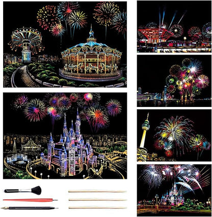 Georgie Porgy Scratch Paper Art A3 Set DIY Arts and Crafts Kits for Kids Adults, Magic Rainbow Scratch Postcard for Christmas Birthday Gift with Scratching Tools Kit (Amusement Park+ Dream Castle)