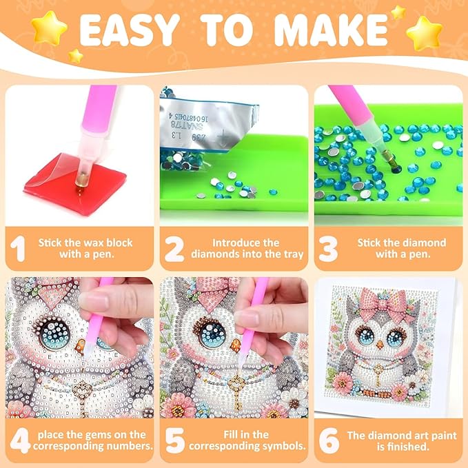 Aestalrcus Diamond Art for Kids Cartoon, Owl Diamond Painting Kits for Kids Ages 4-8-12, Easy Crystal Gem Art for Kid Gift Home Wall Decor 6x6inch(with Frame)