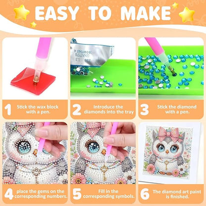 Aestalrcus Diamond Art for Kids Cartoon, Owl Diamond Painting Kits for Kids Ages 4-8-12, Easy Crystal Gem Art for Kid Gift Home Wall Decor 6x6inch(with Frame)