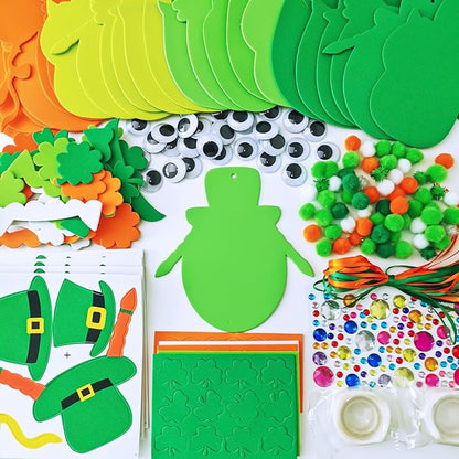 24 Sets Owl Shamrock Ornaments St. Patrick's Day Decorations Craft Kits Assorted Owl Four-Leaf Clover Lucky Shamrock Foam Stickers Pom-poms Google Eye for Kids Classroom Home Activity Gift Art Project