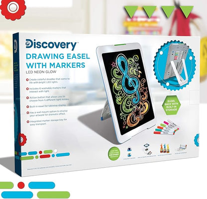 Discovery Kids Neon Glow Drawing Easel w/ 6 Color Markers, Built-in Kickstand/Wall Mount, 5 Light Modes, Easy Clean/Washable, Wide Screen, Flat Storage, Portable Travel Activity, Electronic Activity
