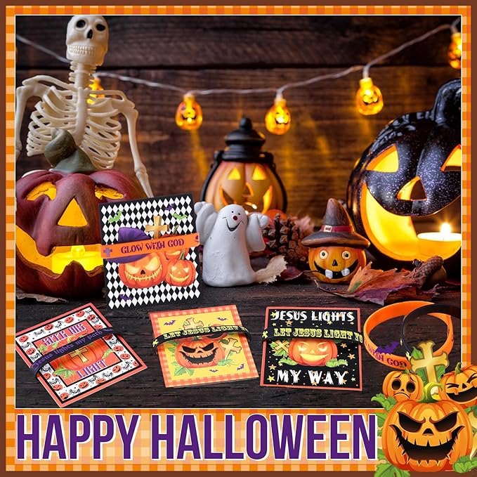 48 Pcs Kids Halloween Party Favors Rubber Bracelets and Cards Christian Silicone Wristbands Bulk Religious Halloween Goodie Bag Stuffers Kids Wristband for Classroom Prizes
