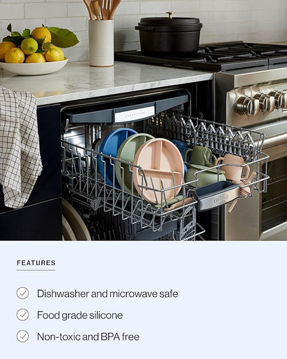 Lalo First Bites Silicone Baby Feeding Set - Baby Led Weaning Supplies - Non-Toxic Silicone - Includes 2 Bibs, 2 Spoons, Training Cup, Suction Plate and Bowl - 6 Pieces - Blueberry