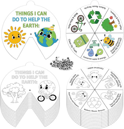 COcnny Earth Day Coloring Craft- 24 Sets Color Your Own Globe Art Craft DIY Wheel Cards for Kids, Save The Earth Eco Natural Spining Paper Craft Art for Sunday School Home Class Preschool Activities