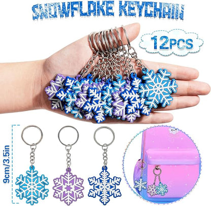 Snowflake Birthday Party Favors Supplies Kids Girl Winter Party Decorations Set Include 12 Invisible Ink Pen,12 Mini Notebook,12 Slap Bracelets,12 Silicone Keychains, 12 Stampers,1 Snowflake Sticker