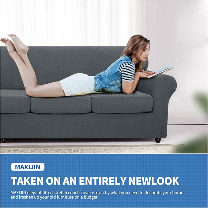 MAXIJIN 4 Piece Jacquard Extra Large Couch Covers for 3 Cushion Couch Super Stretch Non Slip Couch Cover for Dogs Pet Friendly Sofa Slipcover Furniture Protector (Oversized Sofa, Dark Gray)