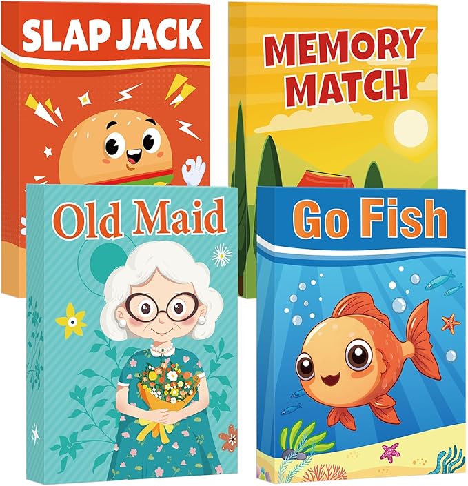 Card Games for Kids Toddlers,Go Fish,Old Maid,Slap Jack and Memory Match,4 Decks in 1 Pack,Fun Educational Gard Games for Family Game Night Table Games,Great Easter Basket Stuffers and Gifts