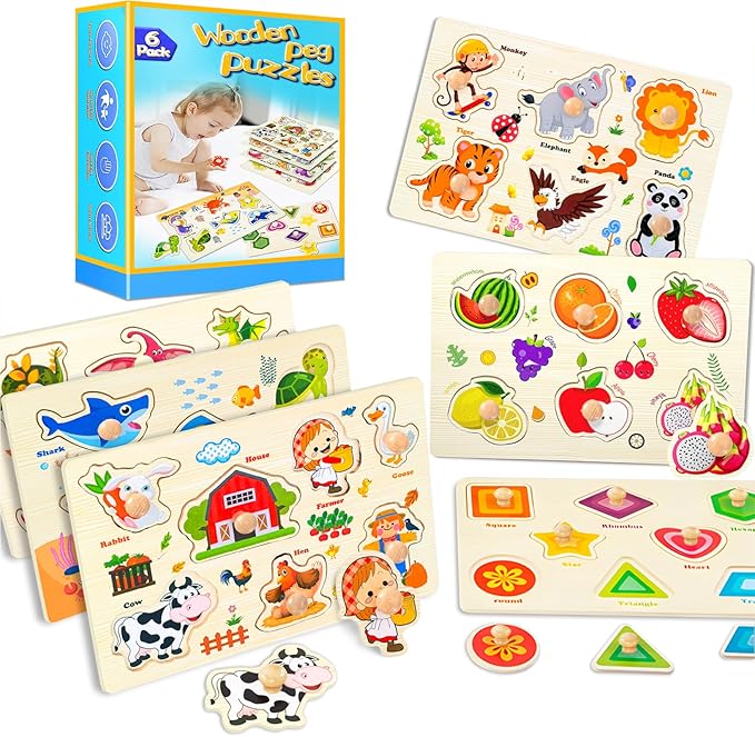 Wooden Peg Puzzles for Toddlers,Montessori Toddler Puzzles for Child,Fine Motor Skill Learning Puzzles Toys for Baby Boys Girls Gifts-6 Pcs Shape,Farm,Sea Animal,Dinosaurs,Fruits,Animals