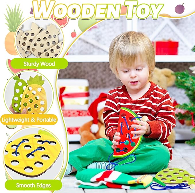 4 Pack Wooden Lacing Toy for Toddlers,Educational Threading Activity Puzzle Toys,Learning Fine Motor Skills Travel Game Toys for Kids 3-5,1 Pineapple,1 Pear,1 Apple,1 Watermelon