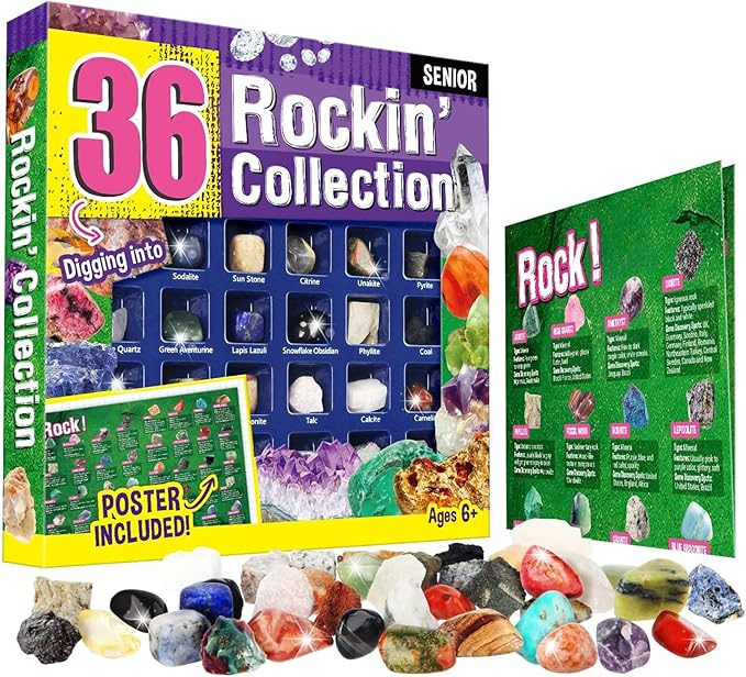 Gamerside Rock Collections for Kids - 36 Real Rocks, Gemstones & Crystals Collection – Educational Science Kit, Great STEM Gift for Boys & Girls Ages 6-12