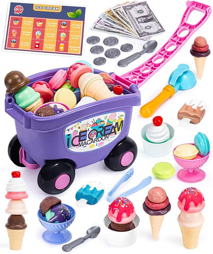 Ice Cream Cart Toys for Kids, 52 Pcs Ice Cream Shop Playset, Ice Cream Stand Food Toys for Toddlers 3-5，Pretend Play Grocery Store Set Toy for Ages 2-4-6, Girl or Boy Christmas Birthday Gifts