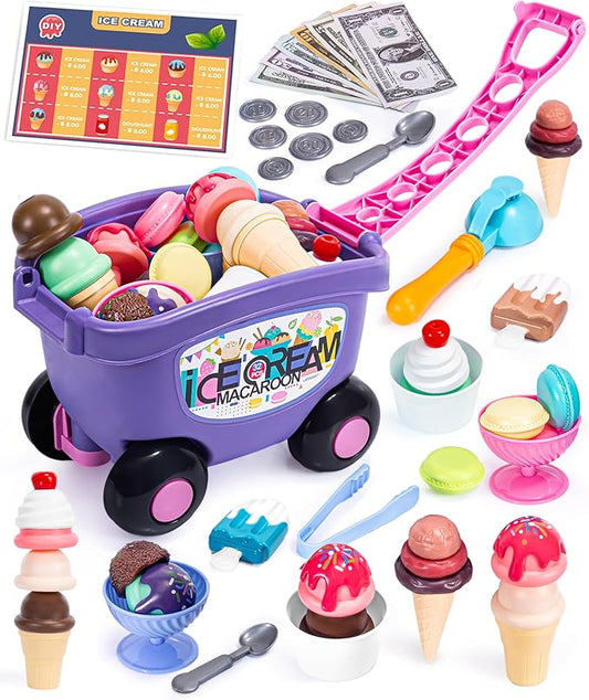 Ice Cream Cart Toys for Kids, 52 Pcs Ice Cream Shop Playset, Ice Cream Stand Food Toys for Toddlers 3-5，Pretend Play Grocery Store Set Toy for Ages 2-4-6, Girl or Boy Christmas Birthday Gifts