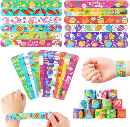 FOIMAS 48pcs Easter Slap Bracelets,Egg Bunny Chick Snap Bracelet Wristband for Easter Egg Filler Basket Stuffer Party Favor Supply