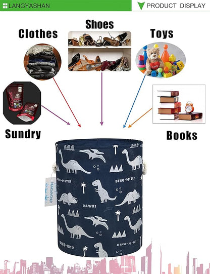 LANGYASHAN Laundry Basket Canvas Collapsible Organizer Storage Basket for Boys Girls Laundry Hamper Toy Bins Gift Baskets Bedroom Clothes Children Nursery (Blue Dinosaur)
